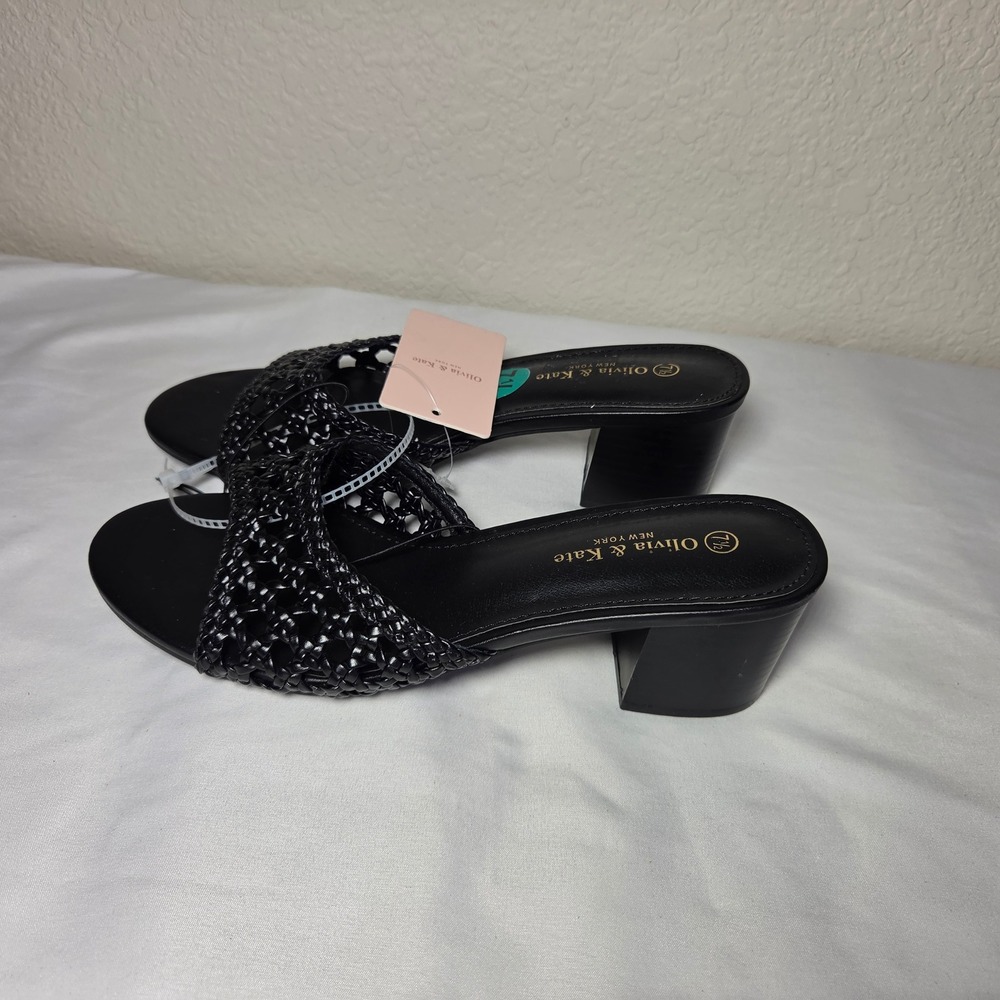 Olivia & Kate New York Blk Woven Block Heel Slide Sandals Mules Size 7.5 ETTA-L